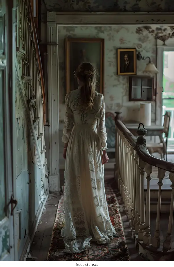 A woman in a white dress walks through a hallway