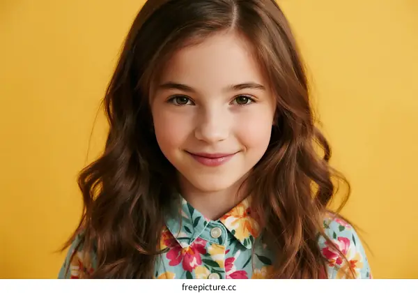 Young girl with long wavy brown hair wearing floral shirt