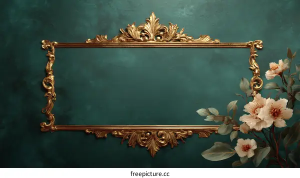 Antique Gold Frame on Teal Background with Flowers