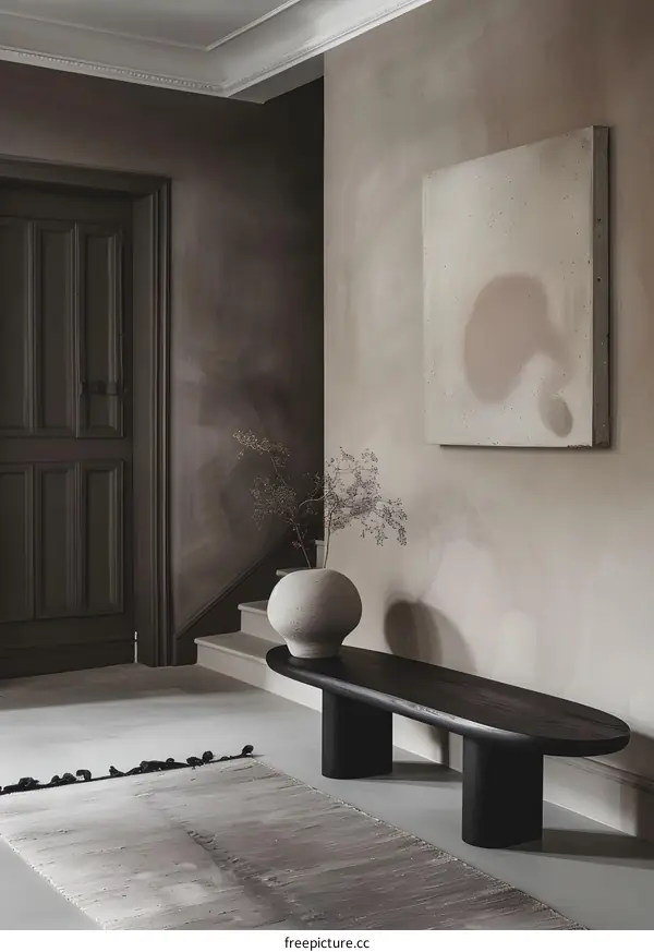 Modern Minimalist Entryway With Beige Wall And Wood Bench