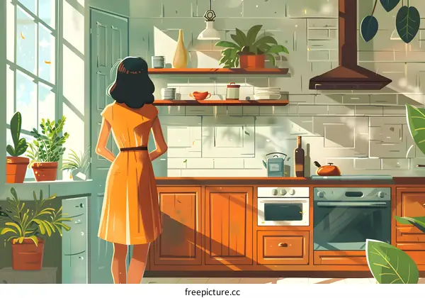 Woman in a Sunlit Kitchen