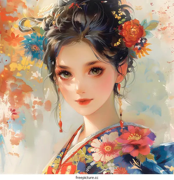 An illustration of a beautiful Asian woman in a kimono with flowers in her hair