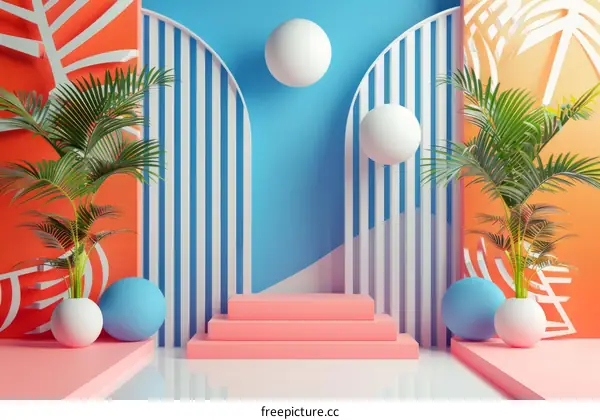 3D Stage Presentation with Palm Trees and Geometric Shapes