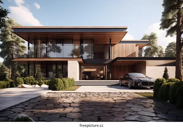 Modern luxury house with natural stone and wood exterior