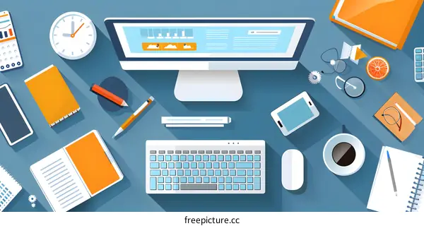 Flat Design Desktop with Computer, Keyboard, and Other Office Supplies