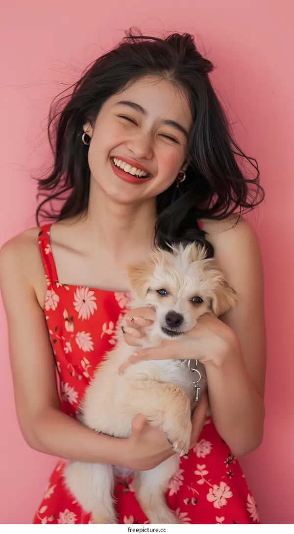 Happy Asian Woman with Puppy