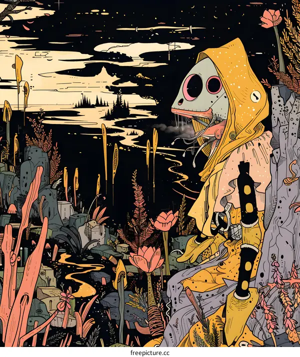 Surreal Illustration of a Creature in a Yellow Hood in a Dark World