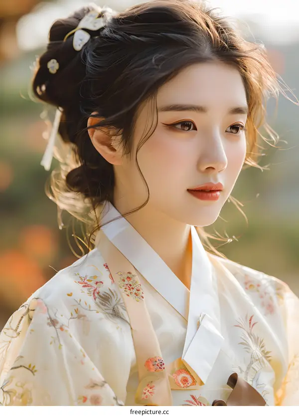 Portrait of a young woman in traditional Korean dress, or Hanbok