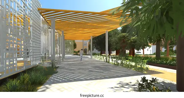 Modern Patio Design with Wooden Pergola and  Lattice Wall