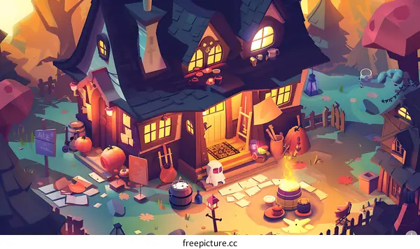 Cute Cartoon Illustration of a Haunted House with Pumpkins in the Yard