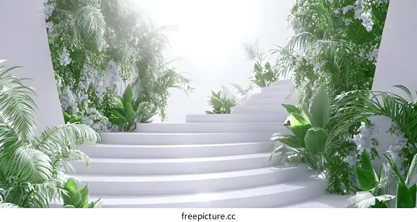 White Circular Staircase in Lush Green Tropical Garden