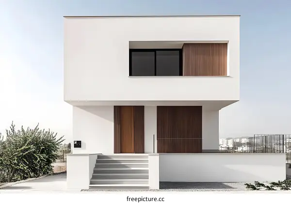 Modern White House with Wooden Accents and Grey Steps