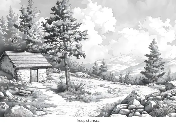 Black and White Drawing of a Cabin in the Mountains