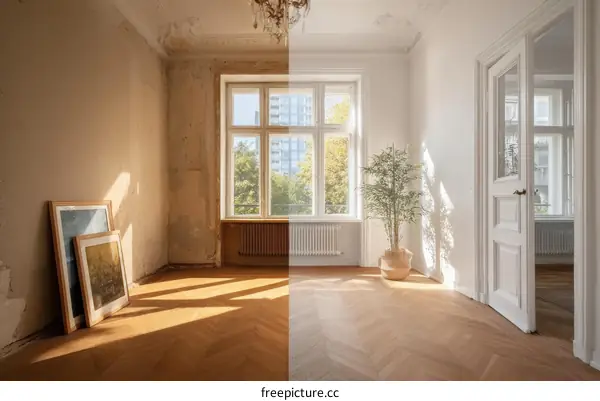 Renovated Room with Large Windows and Hardwood Floors