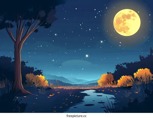 Night Sky with Full Moon and Stars Illustration