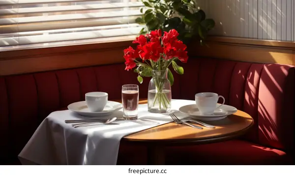 Table with red flowers centerpiece and two place settings by the window