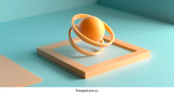 Abstract 3D Rendering of Orange Sphere with Rings on Blue Background