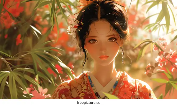 portrait of a beautiful asian woman in a kimono standing in a garden