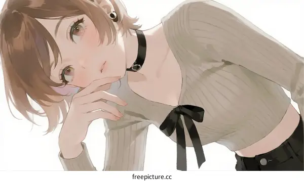 A Young Woman Wearing a Ribbon Collar Knit Top and Black Pants