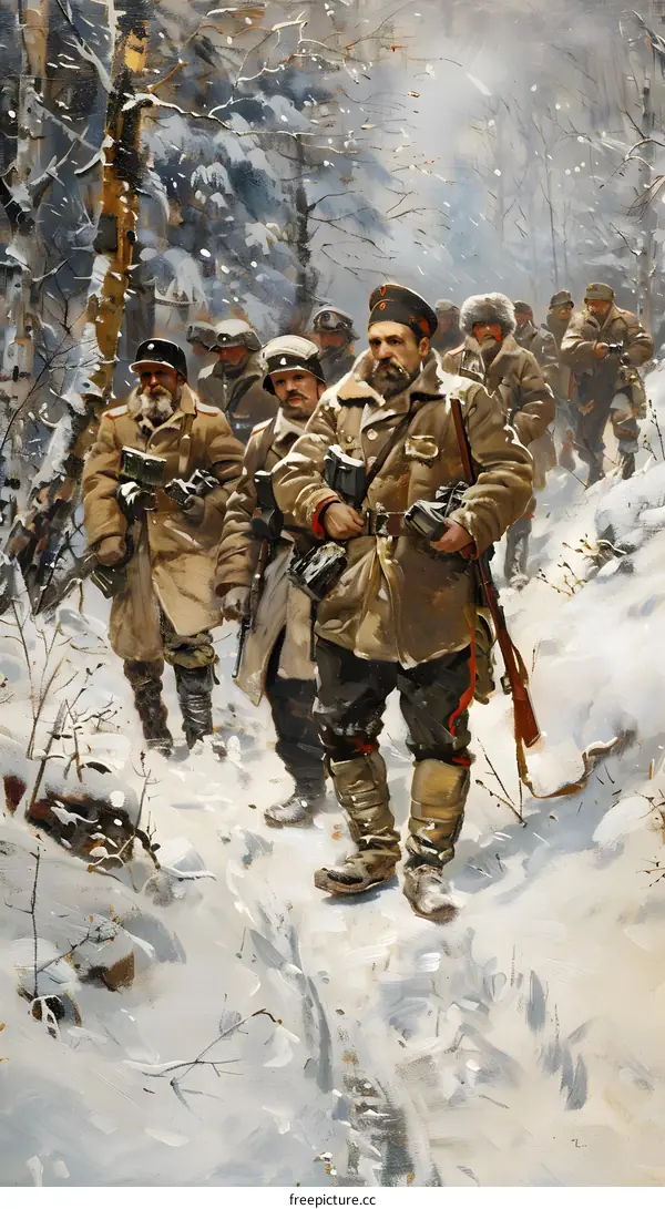 Russian soldiers on a snowy forest path during World War I