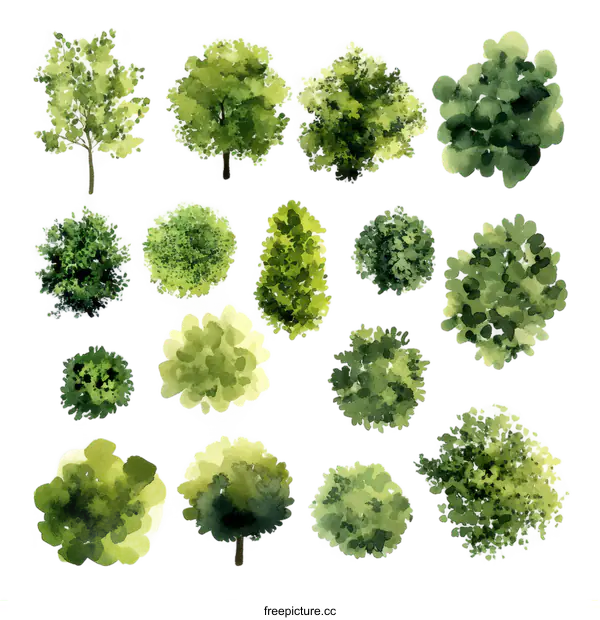 [Transparent Background PNG]Watercolor Illustrations of Different Tree Canopies