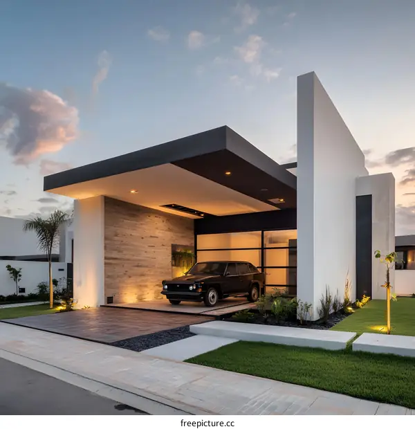 Modern House with Black Car and Stone Wall