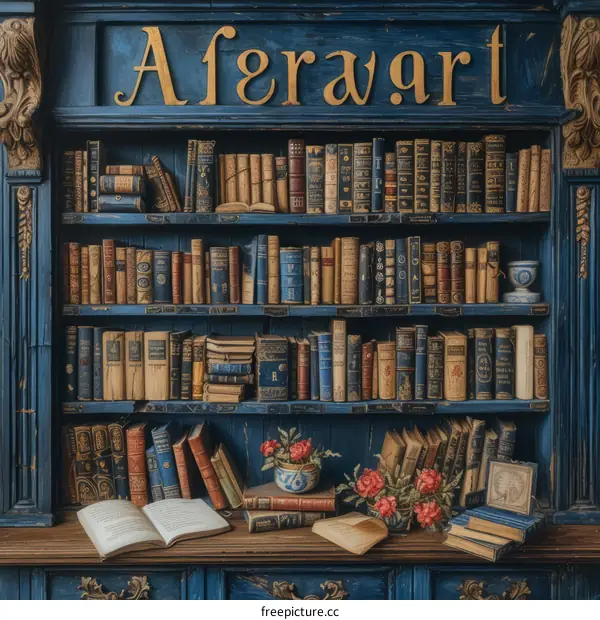 Blue wooden bookshelf filled with various books and a vase of flowers