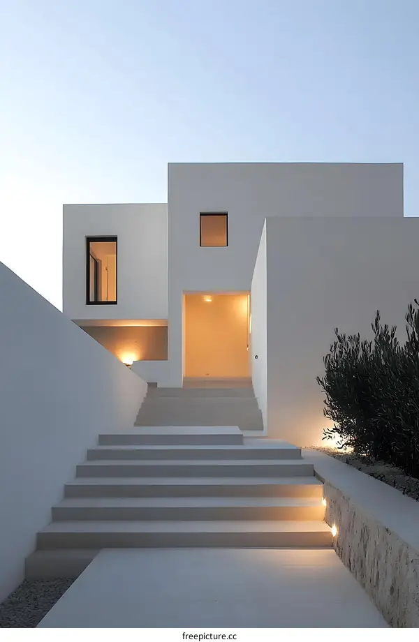 Modern White House Entrance With Stairs and Minimalist Design