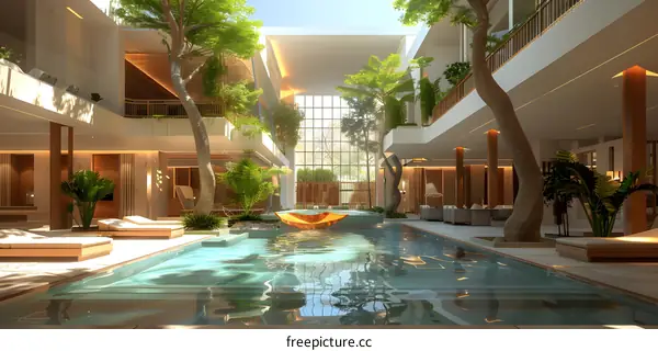 Swimming in a luxurious hotel pool surrounded by lush tropical plants