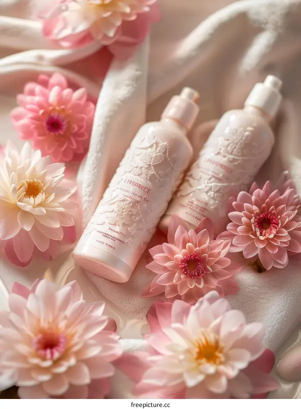 Two bottles of shampoo and conditioner with pink flowers