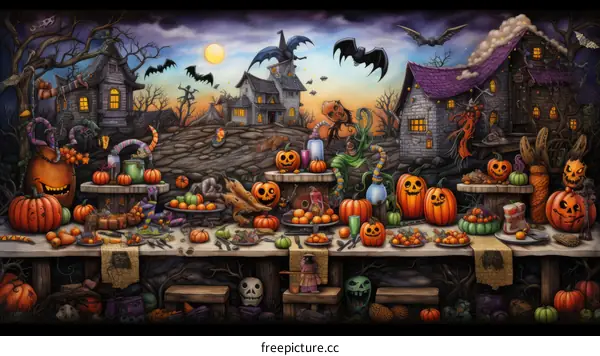 Spooky Halloween Feast in a Village at Night