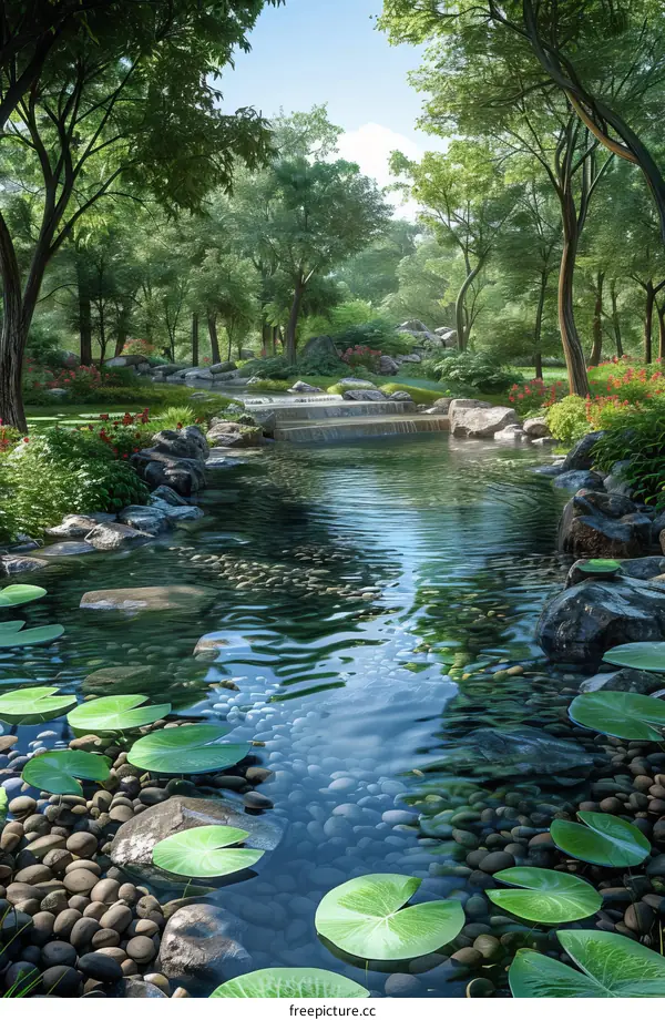 Serene Garden with Pond and Waterfall