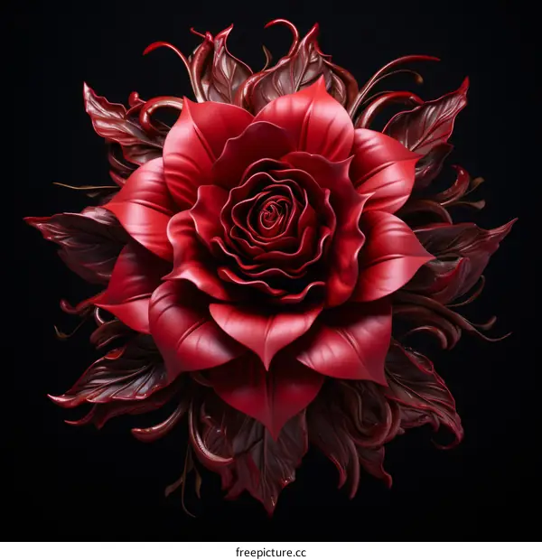 Red rose with dark red leaves on a black background