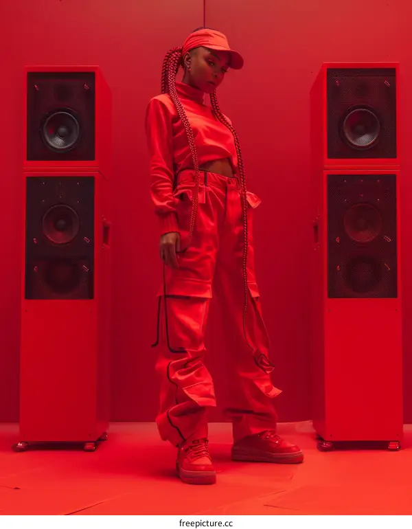 A young black woman standing in front of three red speakers