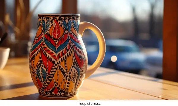 Ornate ceramic pitcher with sunlight in the background