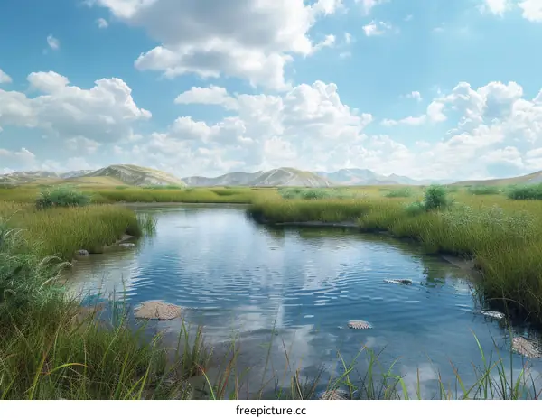 Serene River Flowing Through Grasslands
