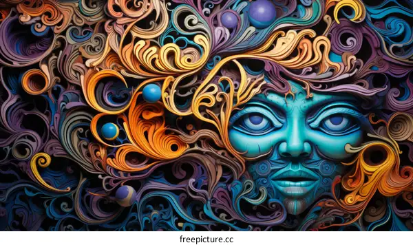 Vivid Blue-Skinned Woman with Fiery Orange Hair and Hypnotic Purple Eyes