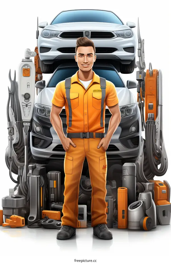 Young Mechanic Working on a White Car