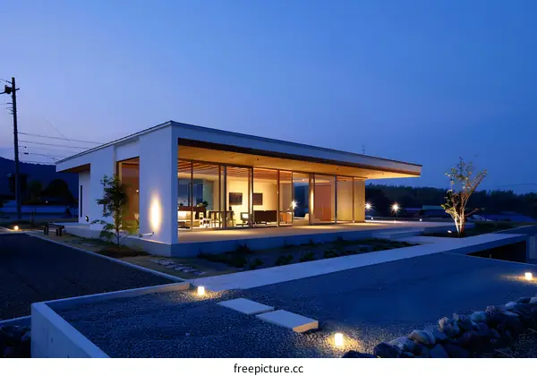Modern House with Glass Walls at Night