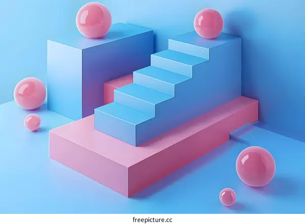 Abstract 3D Geometric Shapes Blue Pink Background
