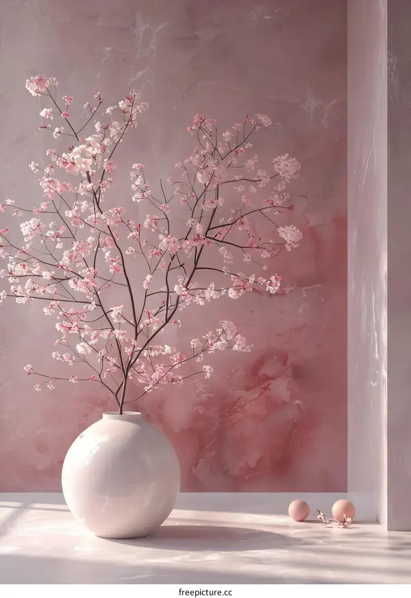 Minimalistic interior home decor with pink blossom tree in vase