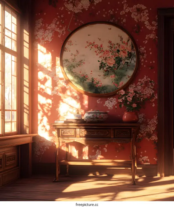 Traditional Chinese Style Interior Design with Floral Wallpaper and Wooden Furniture