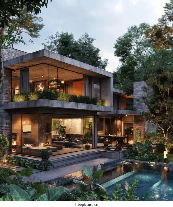 Modern Concrete House with Lush Tropical Garden and Pool