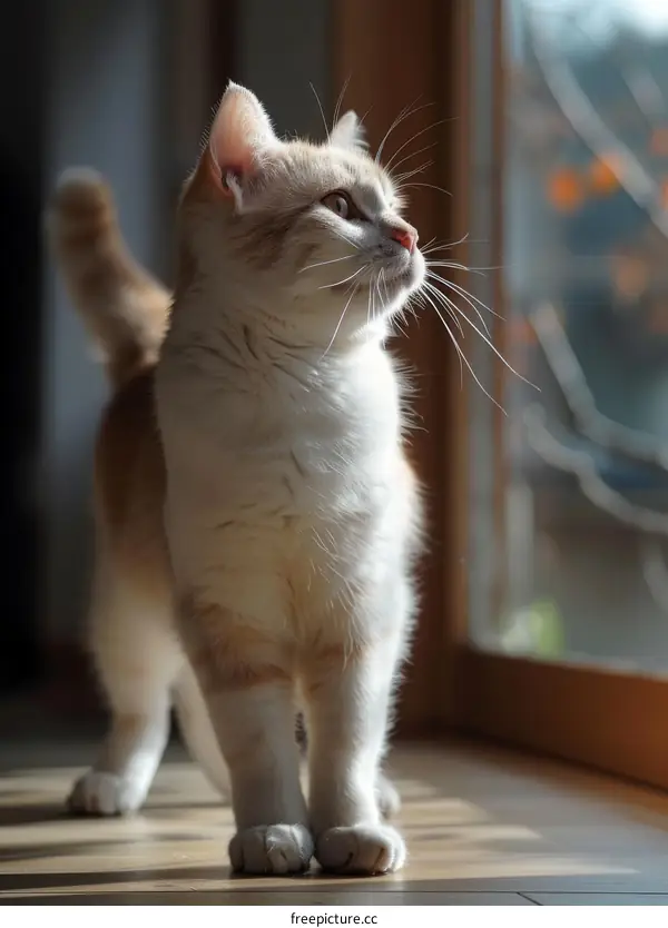 A ginger cat is standing on the wooden floor and looking out the window