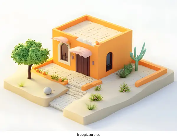 Low Poly Illustration of a Yellow House in the Desert