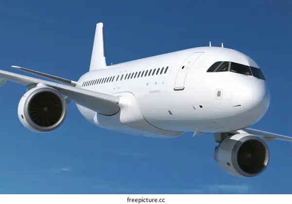 A modern commercial airplane flying in the clear blue sky