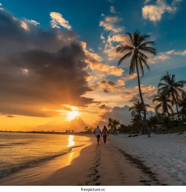 A couple is walking on the beach during the sunset