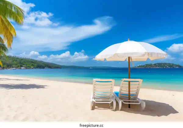 Two beach chairs under a white umbrella on a tropical beach with white sand and blue water