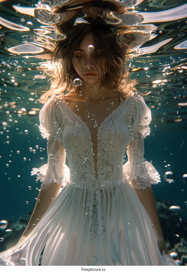A woman in a white dress floats underwater, her eyes closed, in a surreal dreamlike state.