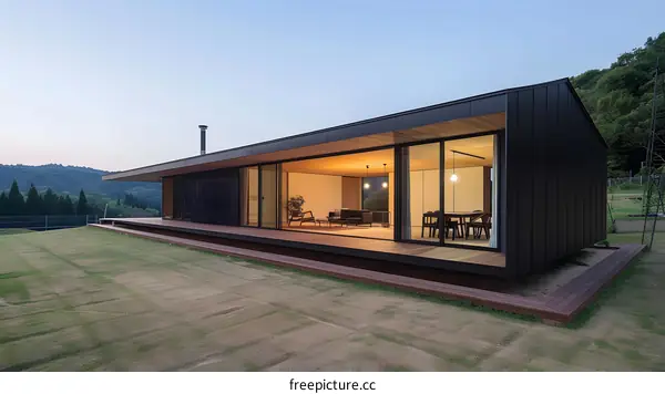 Modern Black House with Large Windows and Deck Overlooking Green Grass